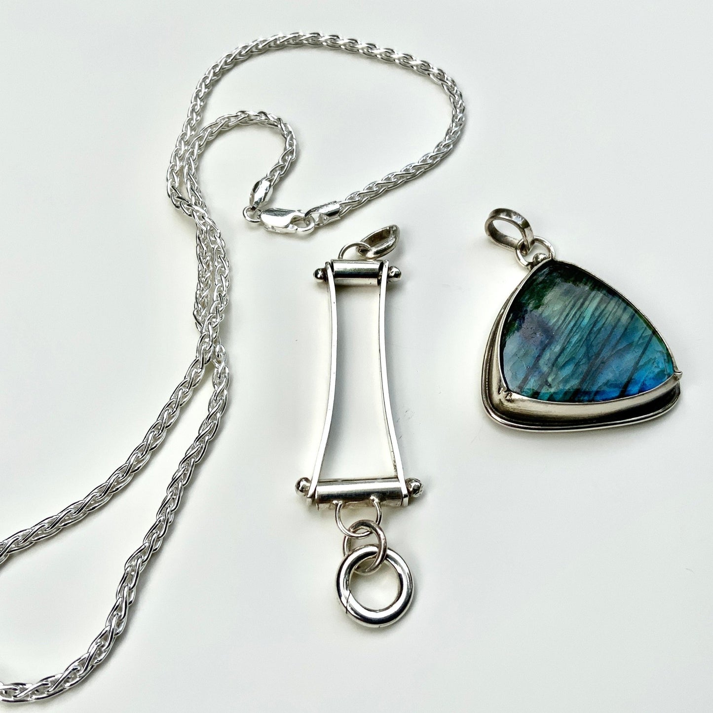 Labradorite Pendant and Enhancer on 18” Thick Sterling Silver Chain. - Evitts Creek Arts