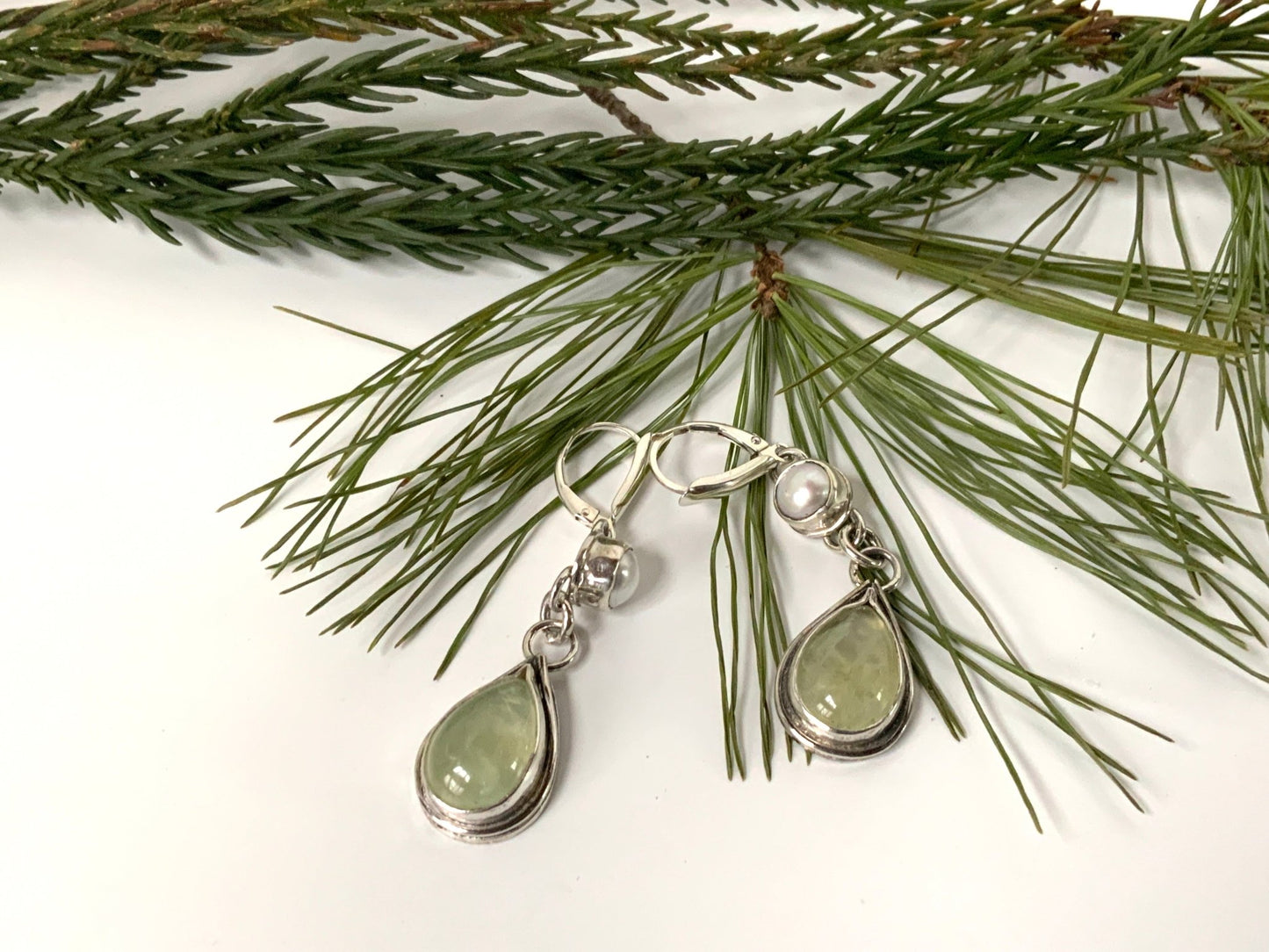 Mossy Prehnite and Pearl Leverback Earrings - Evitts Creek Arts