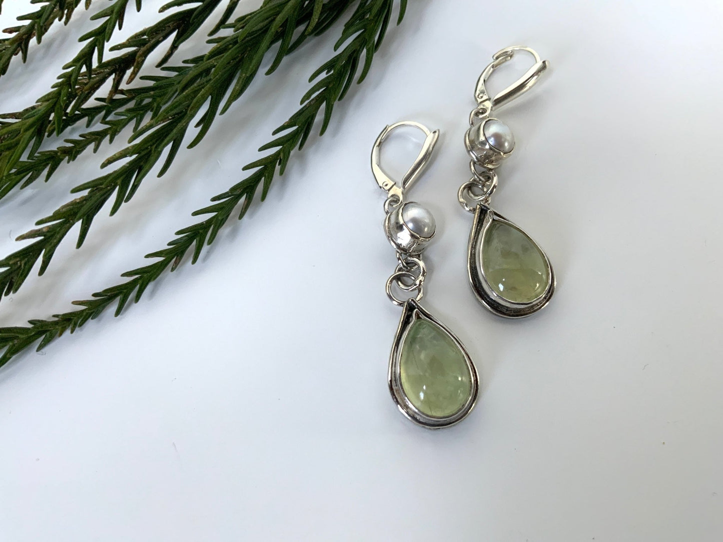 Mossy Prehnite and Pearl Leverback Earrings - Evitts Creek Arts