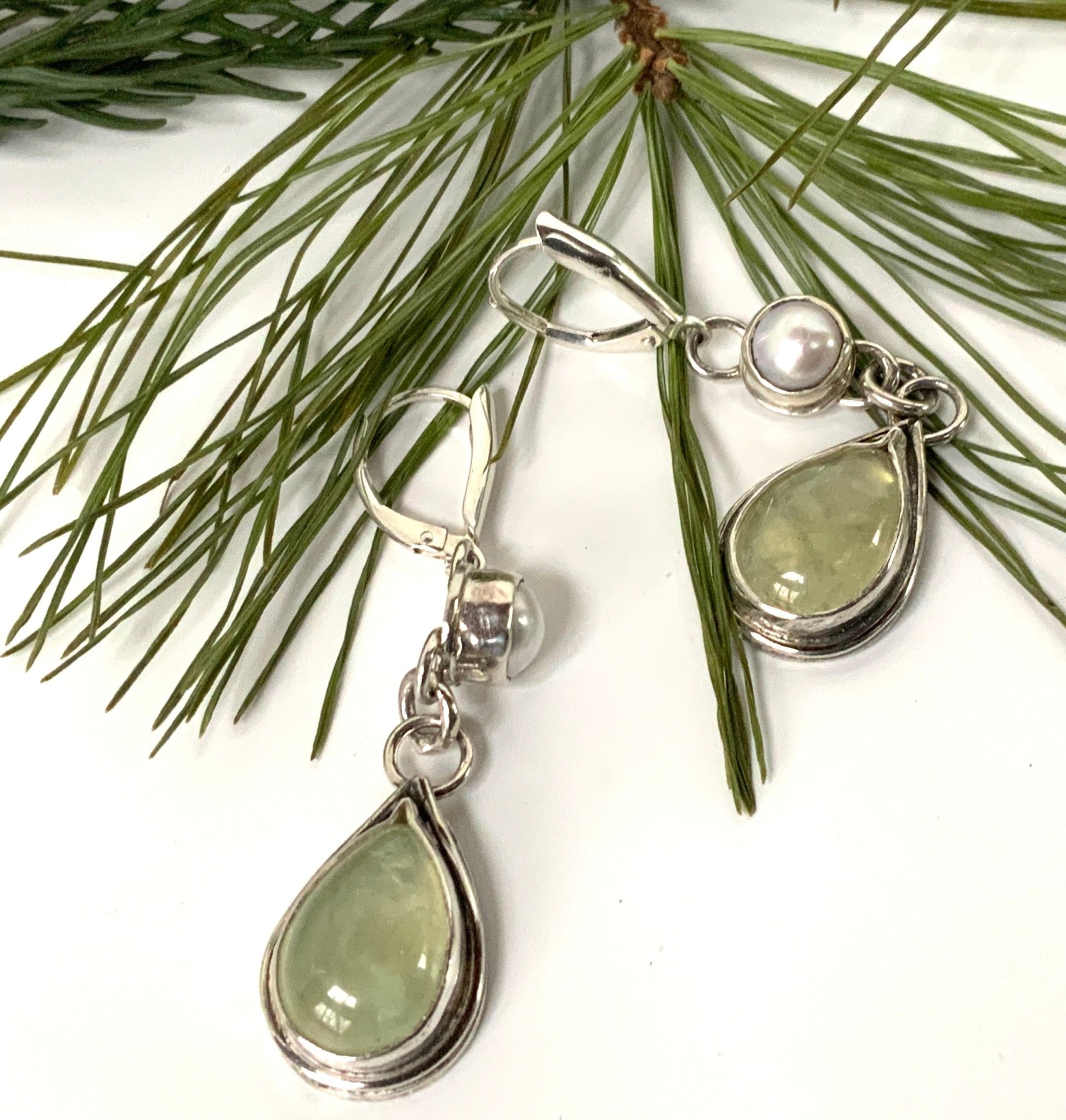 Mossy Prehnite and Pearl Leverback Earrings - Evitts Creek Arts