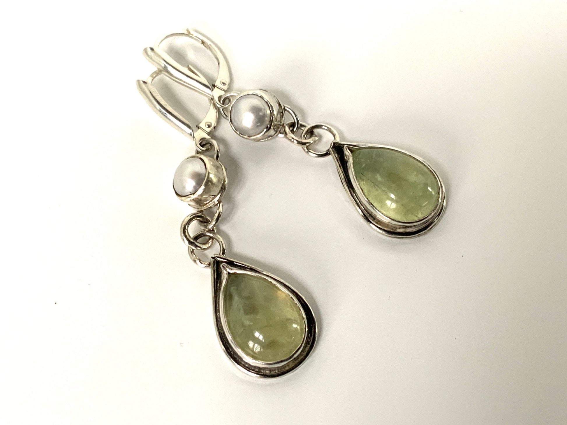 Mossy Prehnite and Pearl Leverback Earrings - Evitts Creek Arts