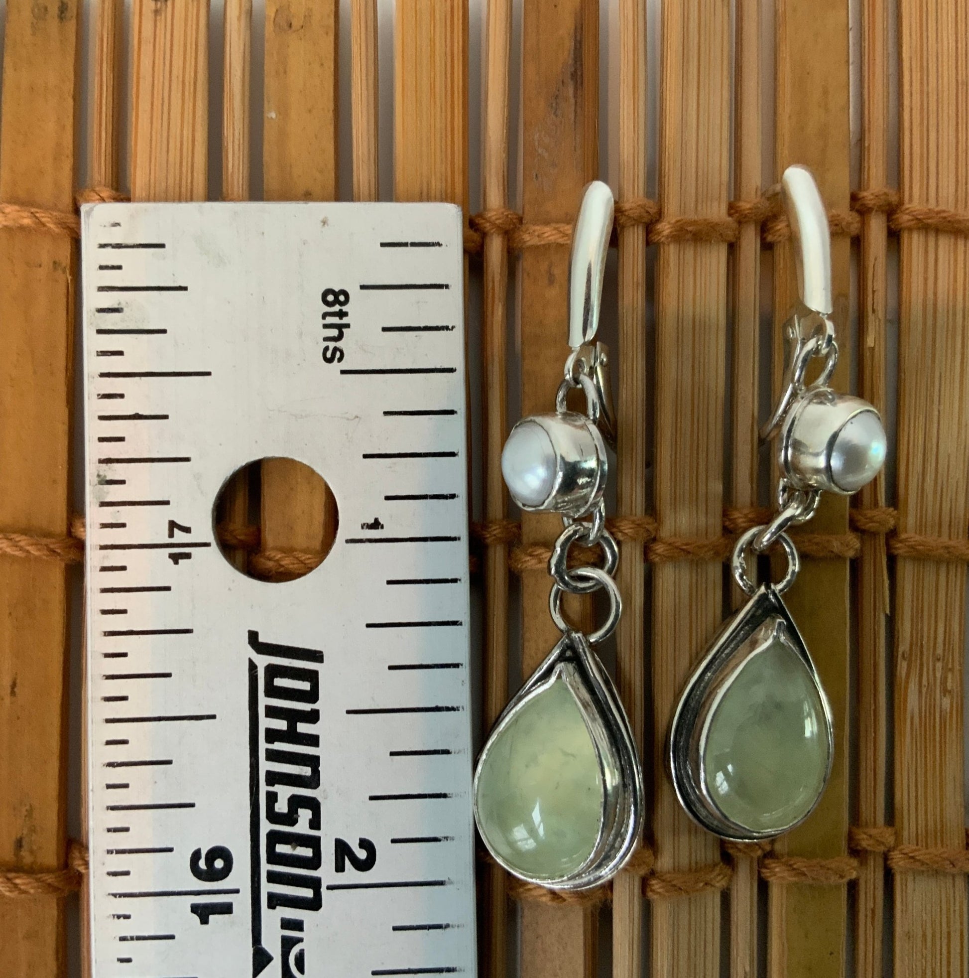 Mossy Prehnite and Pearl Leverback Earrings - Evitts Creek Arts