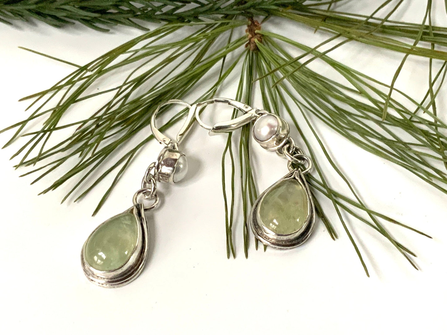 Mossy Prehnite and Pearl Leverback Earrings - Evitts Creek Arts