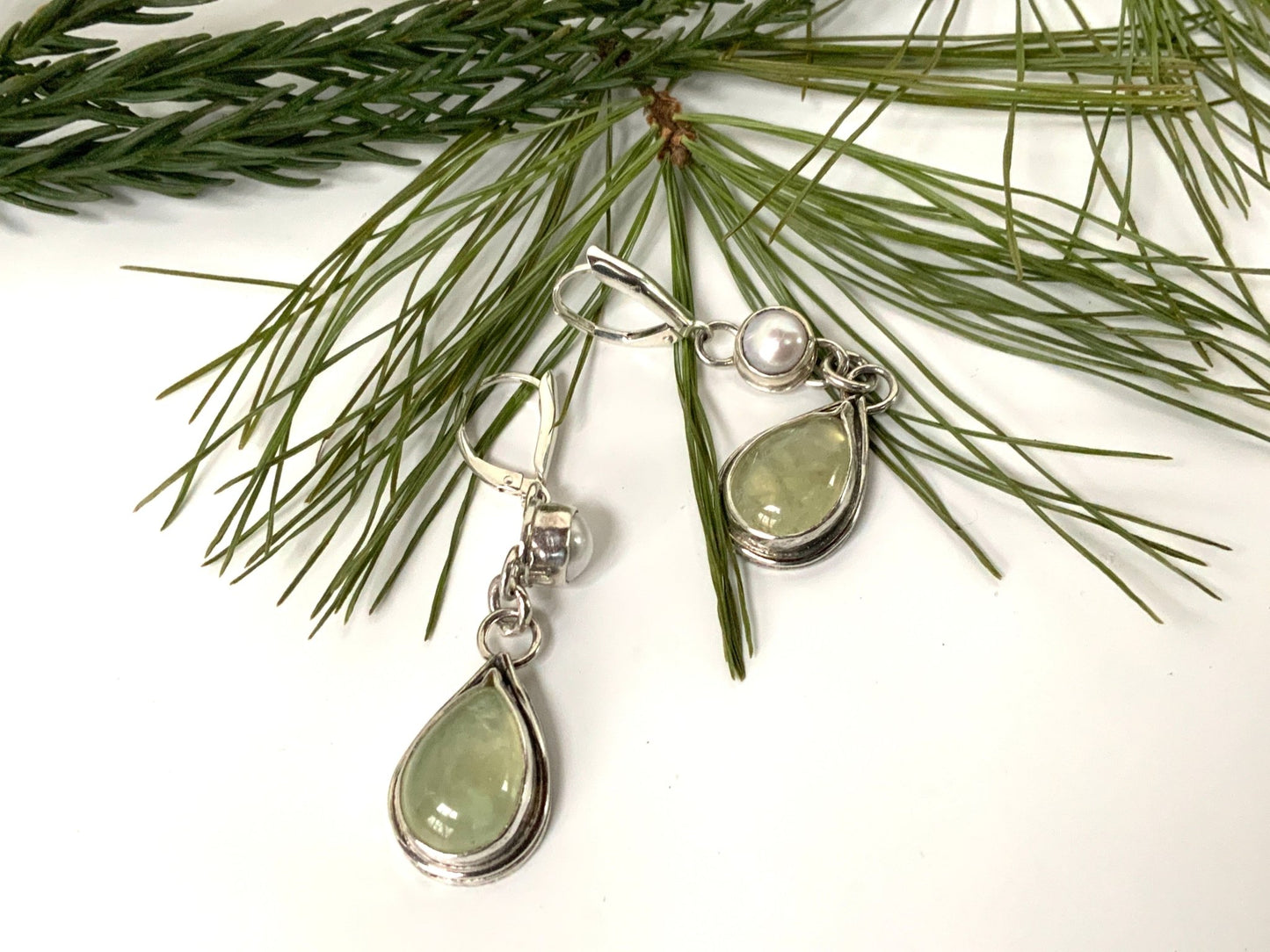 Mossy Prehnite and Pearl Leverback Earrings - Evitts Creek Arts