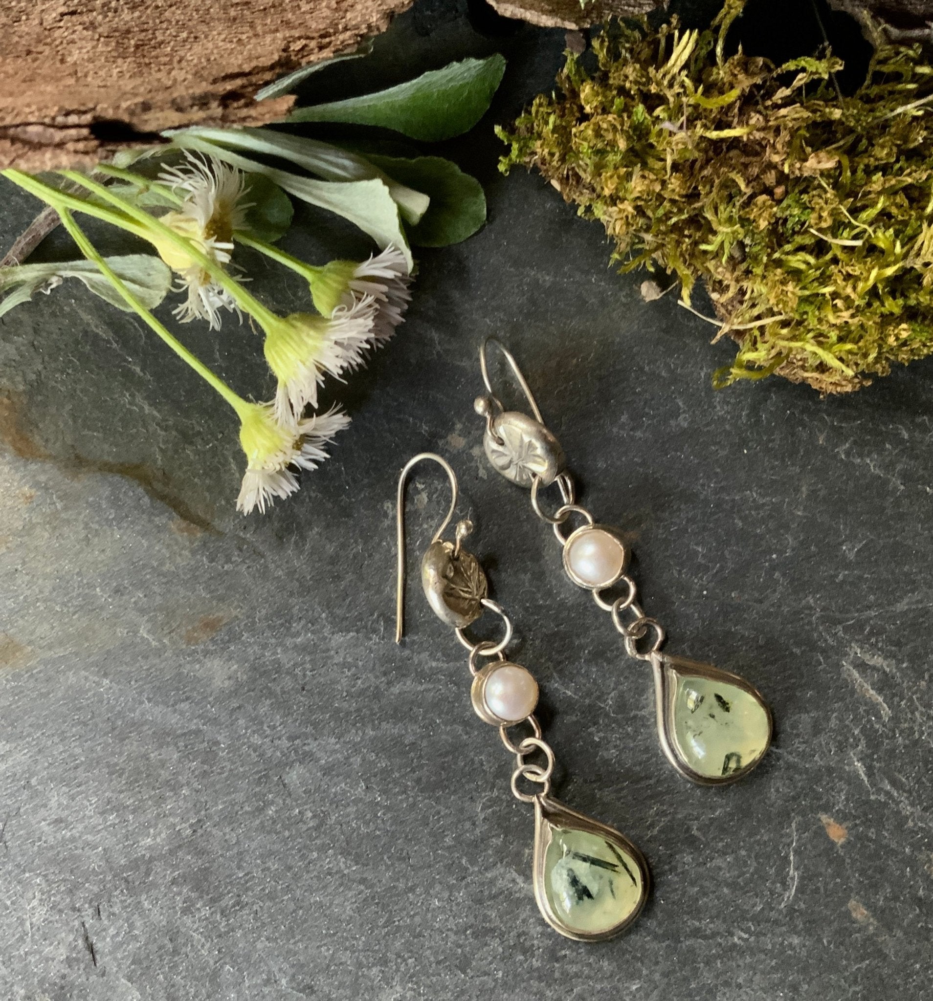 Prehnite and Pearl Secret Garden Earrings - Evitts Creek Arts