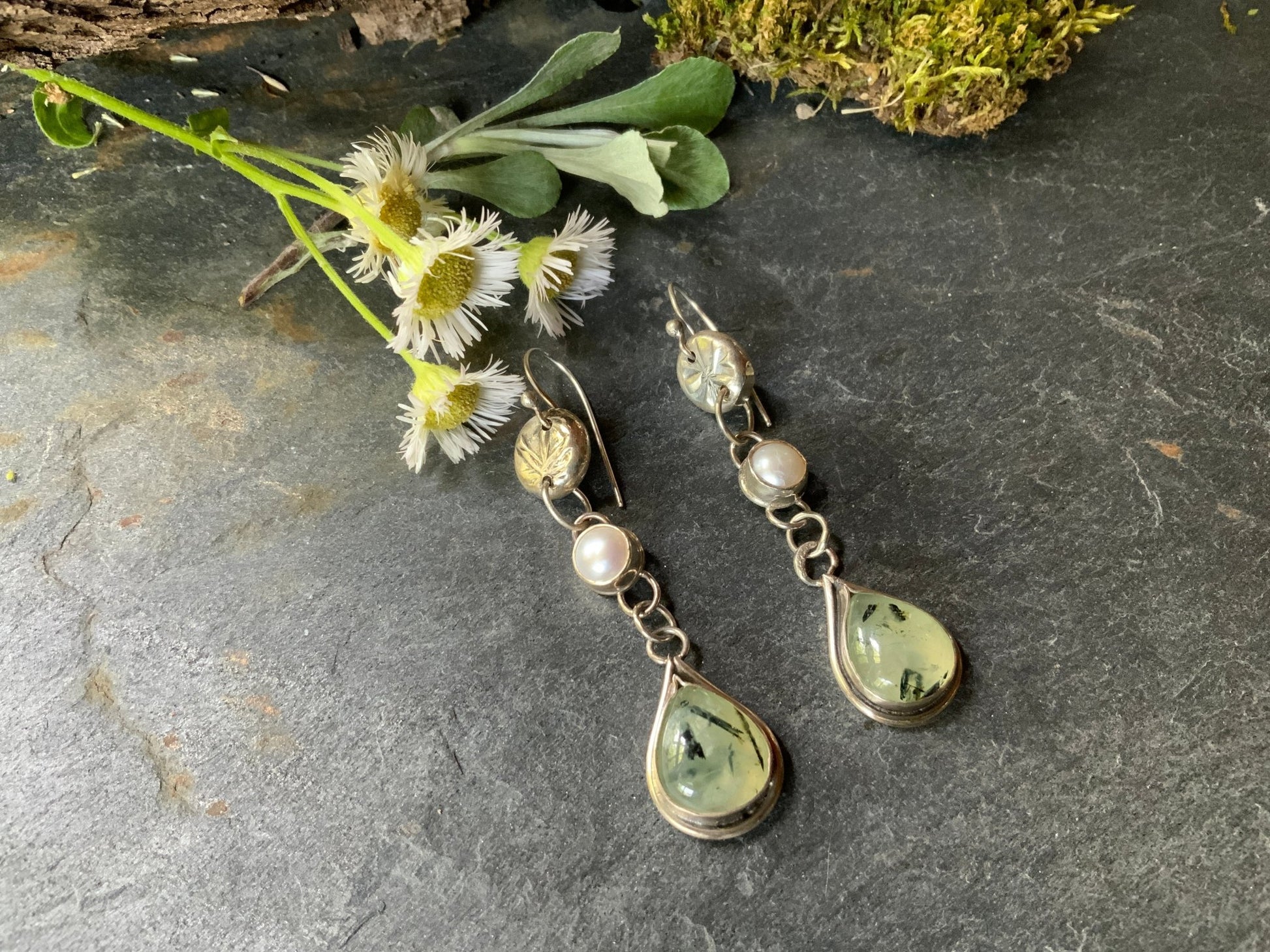 Prehnite and Pearl Secret Garden Earrings - Evitts Creek Arts