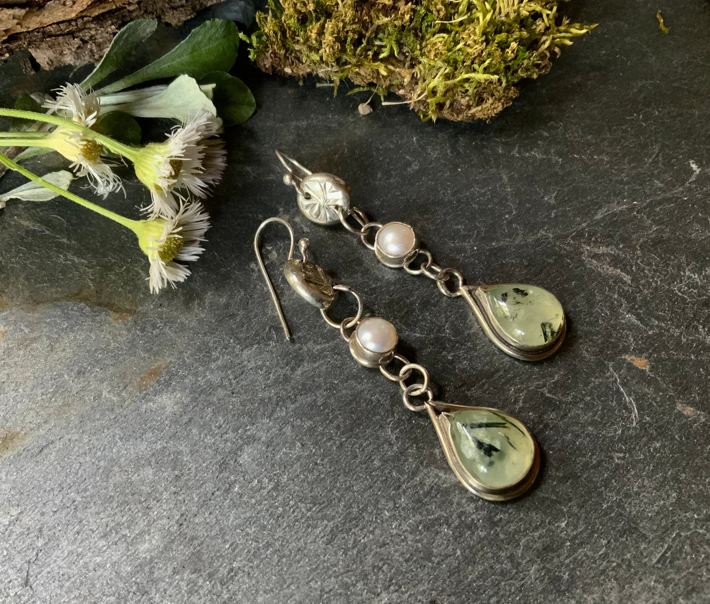 Prehnite and Pearl Secret Garden Earrings - Evitts Creek Arts