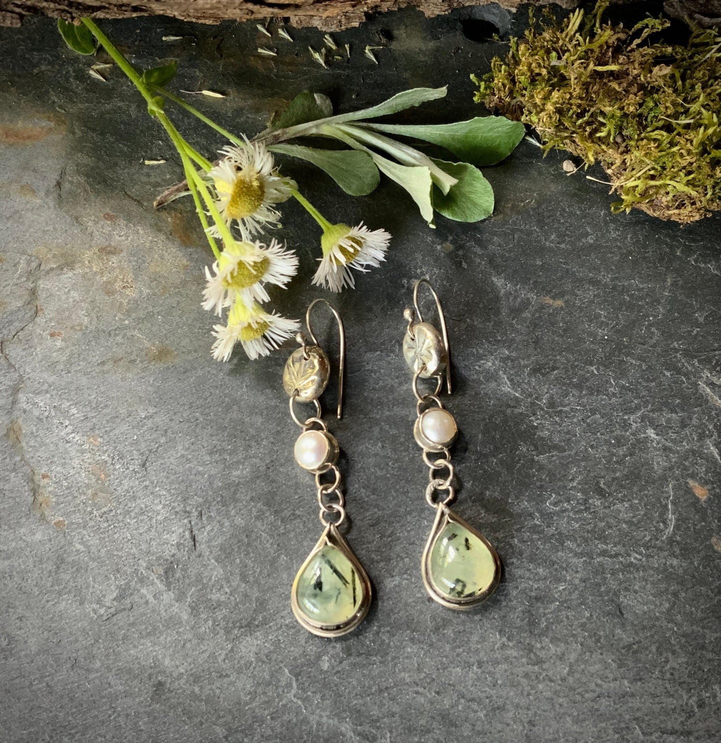 Prehnite and Pearl Secret Garden Earrings - Evitts Creek Arts