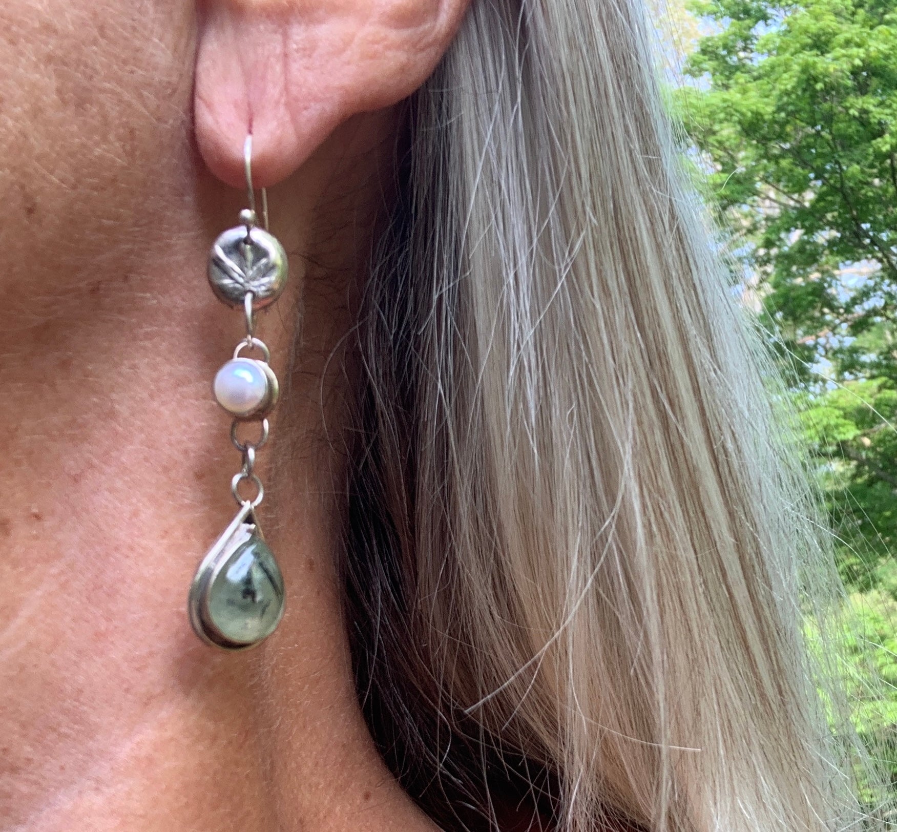 Prehnite and Pearl Secret Garden Earrings - Evitts Creek Arts