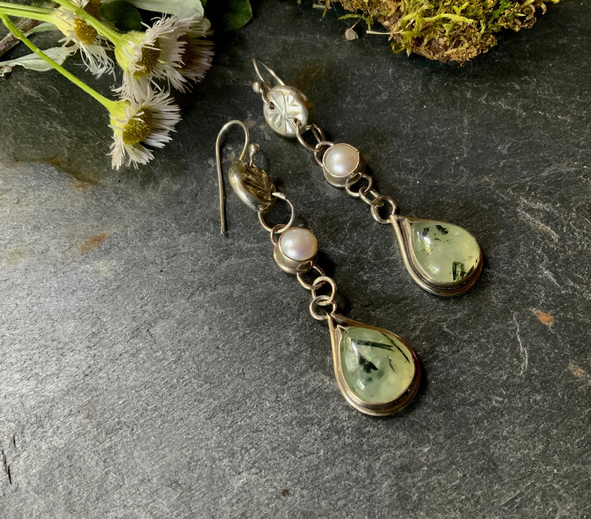 Prehnite and Pearl Secret Garden Earrings - Evitts Creek Arts