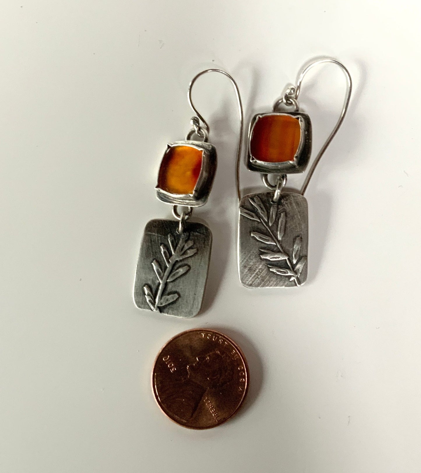 Rustic Carnelian and Leaf Silver Earrings - Evitts Creek Arts