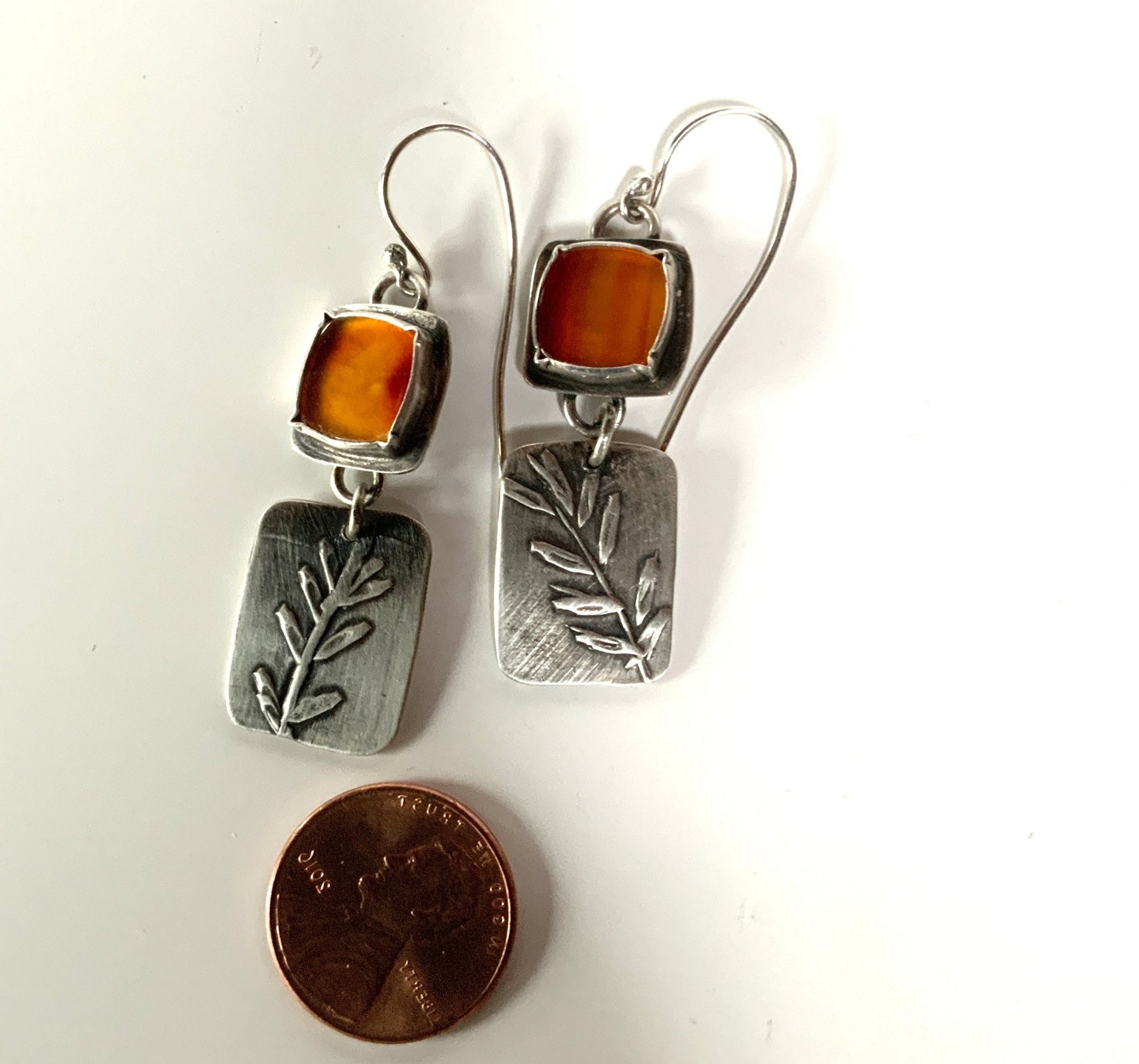 Rustic Carnelian and Leaf Silver Earrings - Evitts Creek Arts