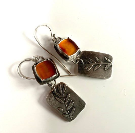 Rustic Carnelian and Leaf Silver Earrings - Evitts Creek Arts