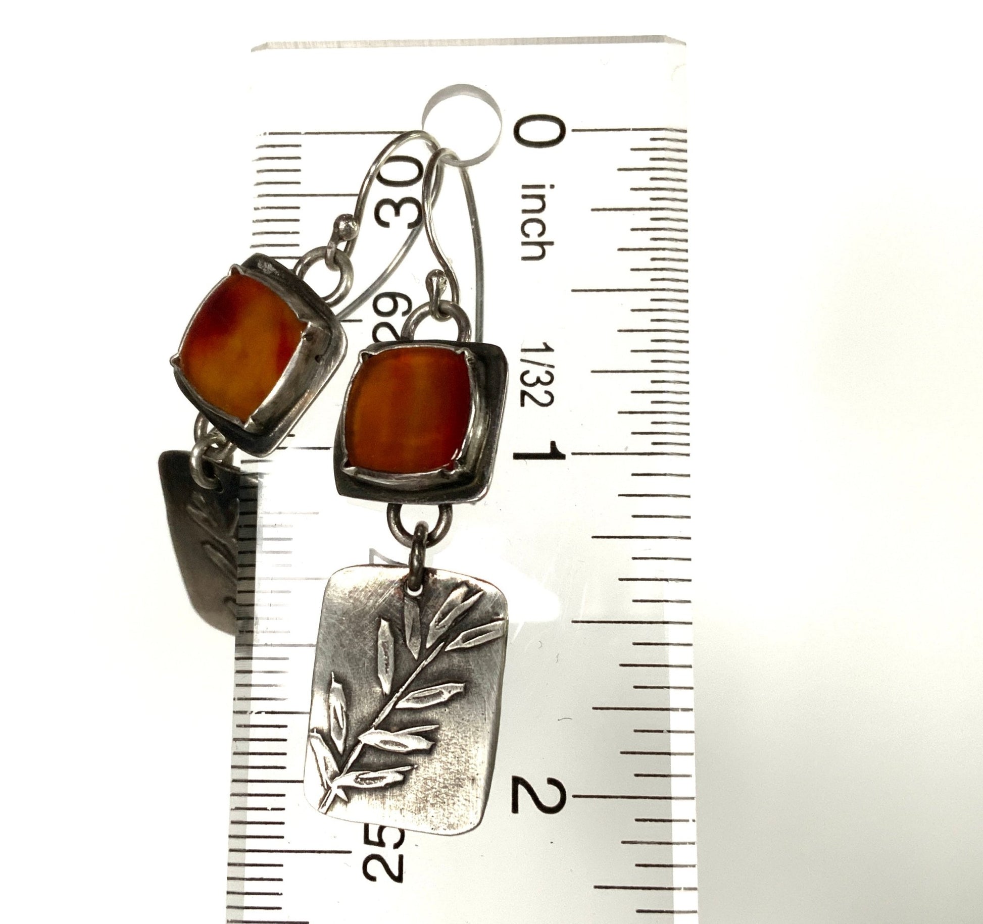 Rustic Carnelian and Leaf Silver Earrings - Evitts Creek Arts