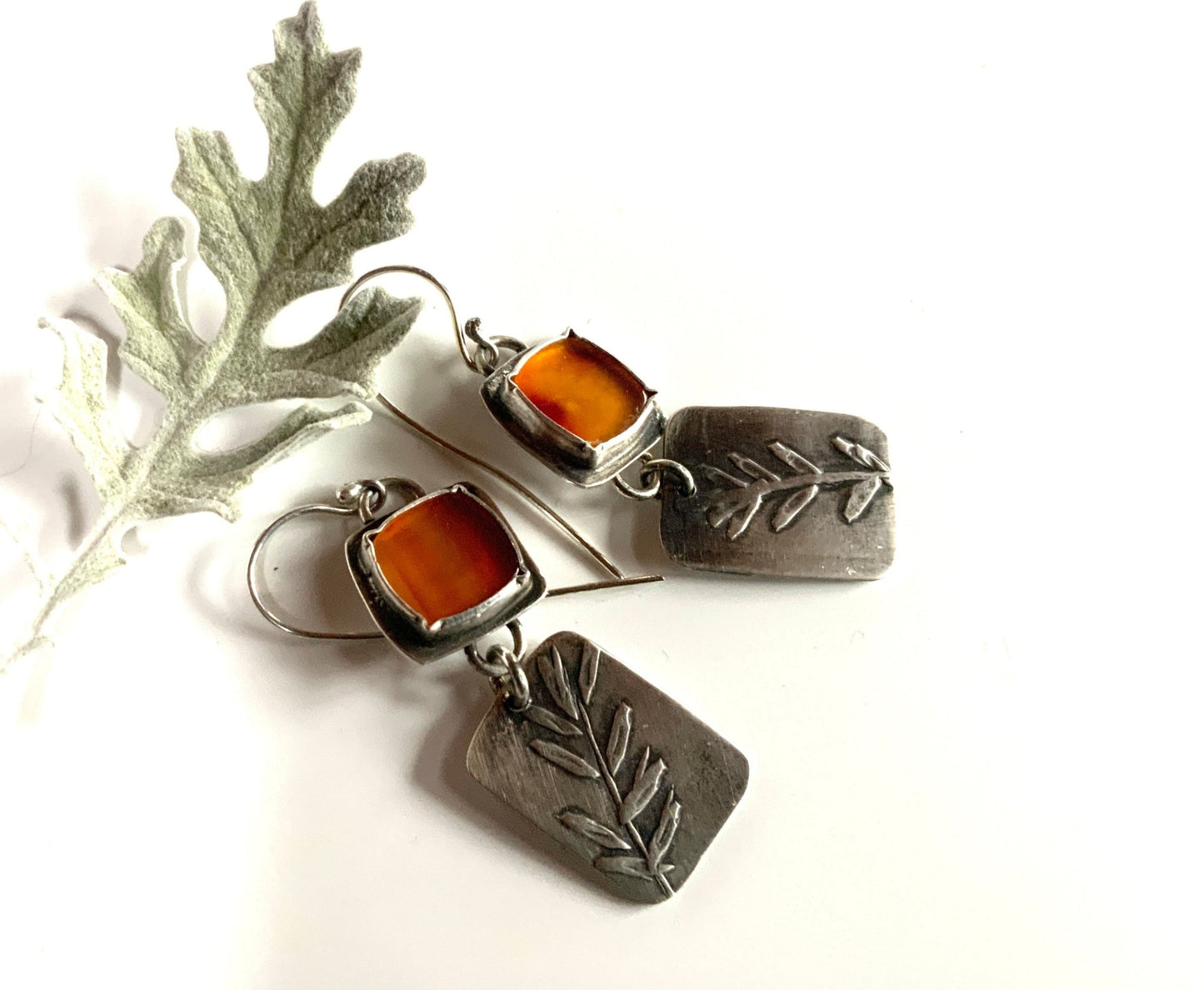 Rustic Carnelian and Leaf Silver Earrings - Evitts Creek Arts