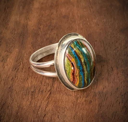 Sterling Silver Rainbow Calsilica Sz 8.5 Ring - Evitts Creek Arts