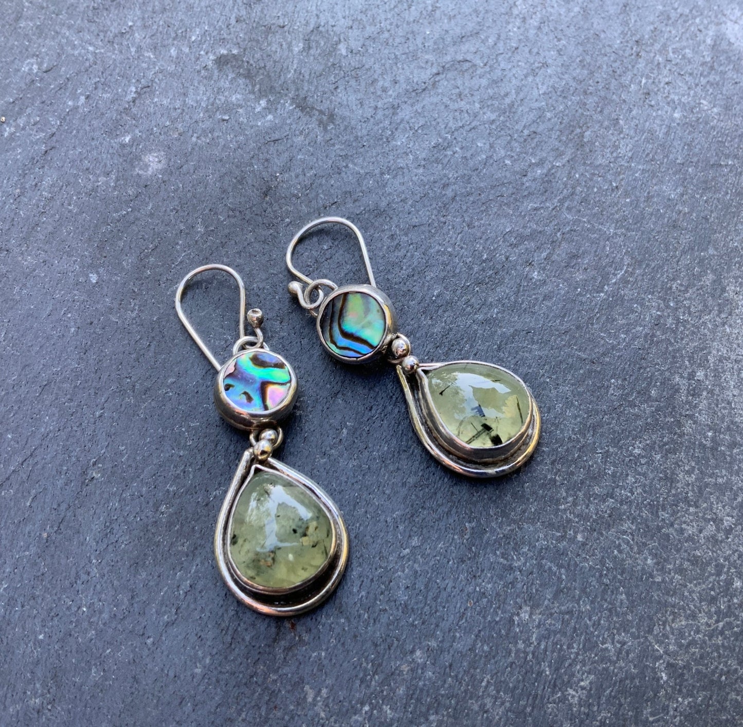 Teardrop Prehnite and Abalone Earrings - Evitts Creek Arts