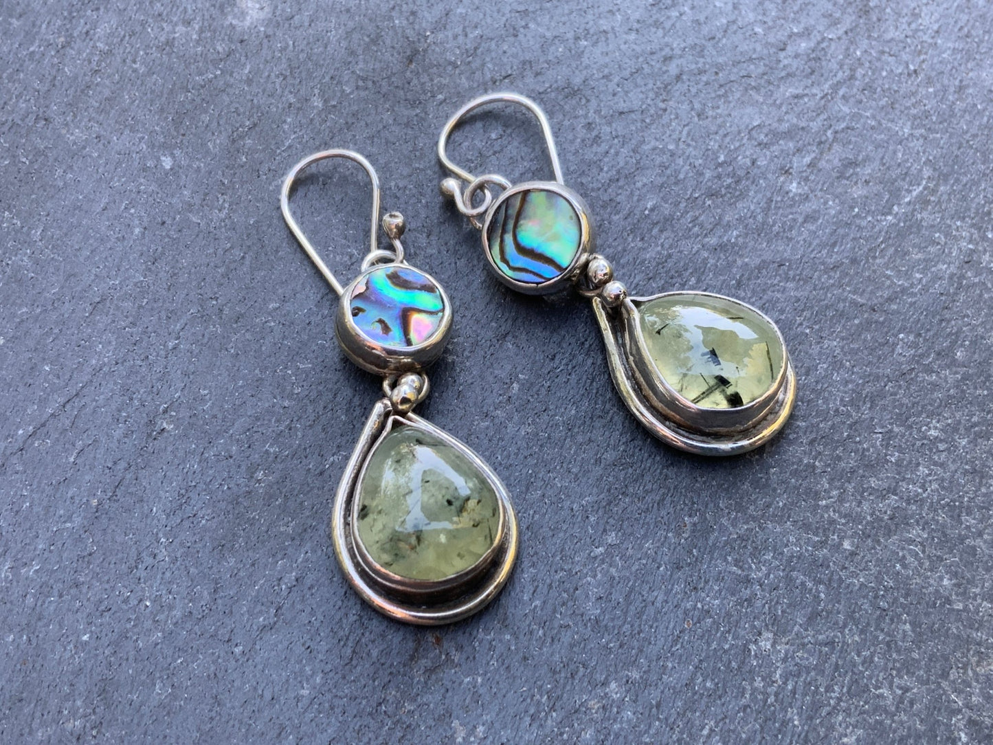 Teardrop Prehnite and Abalone Earrings - Evitts Creek Arts