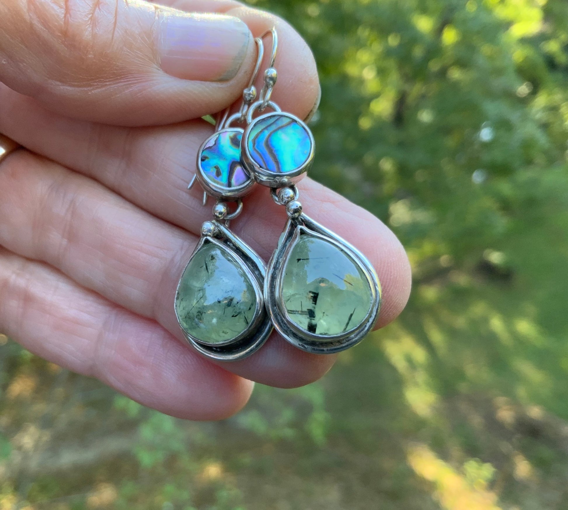 Teardrop Prehnite and Abalone Earrings - Evitts Creek Arts