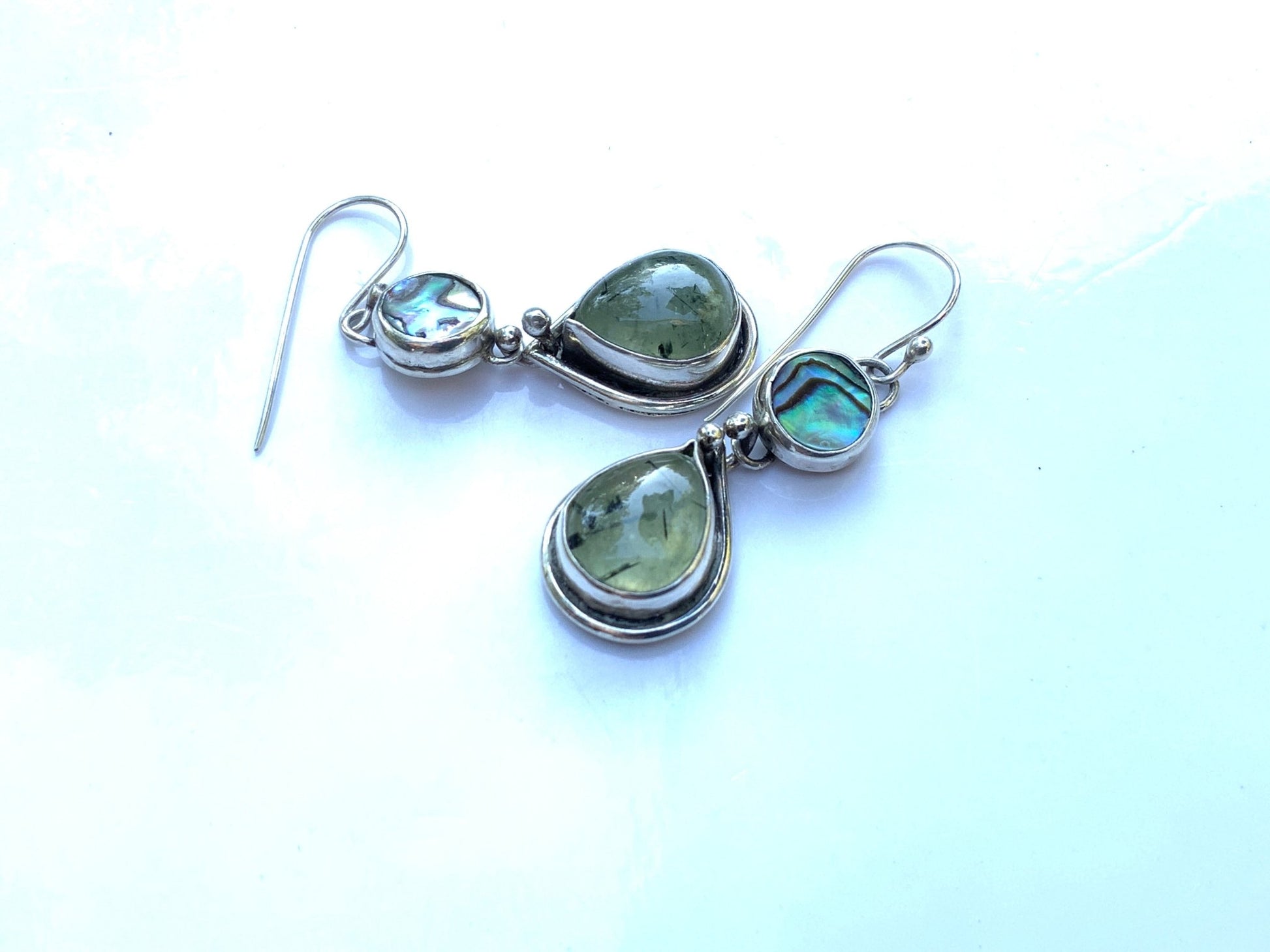 Teardrop Prehnite and Abalone Earrings - Evitts Creek Arts