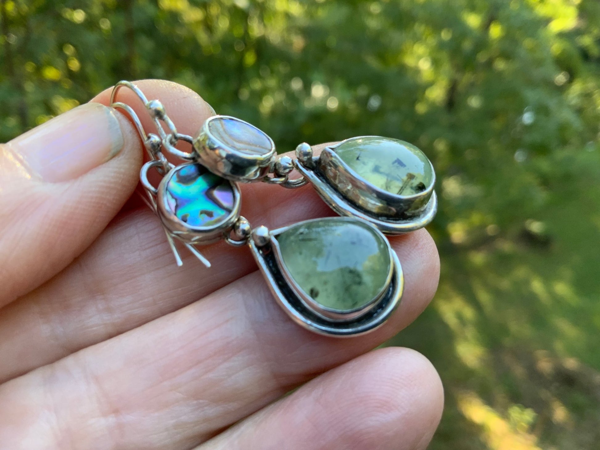 Teardrop Prehnite and Abalone Earrings - Evitts Creek Arts