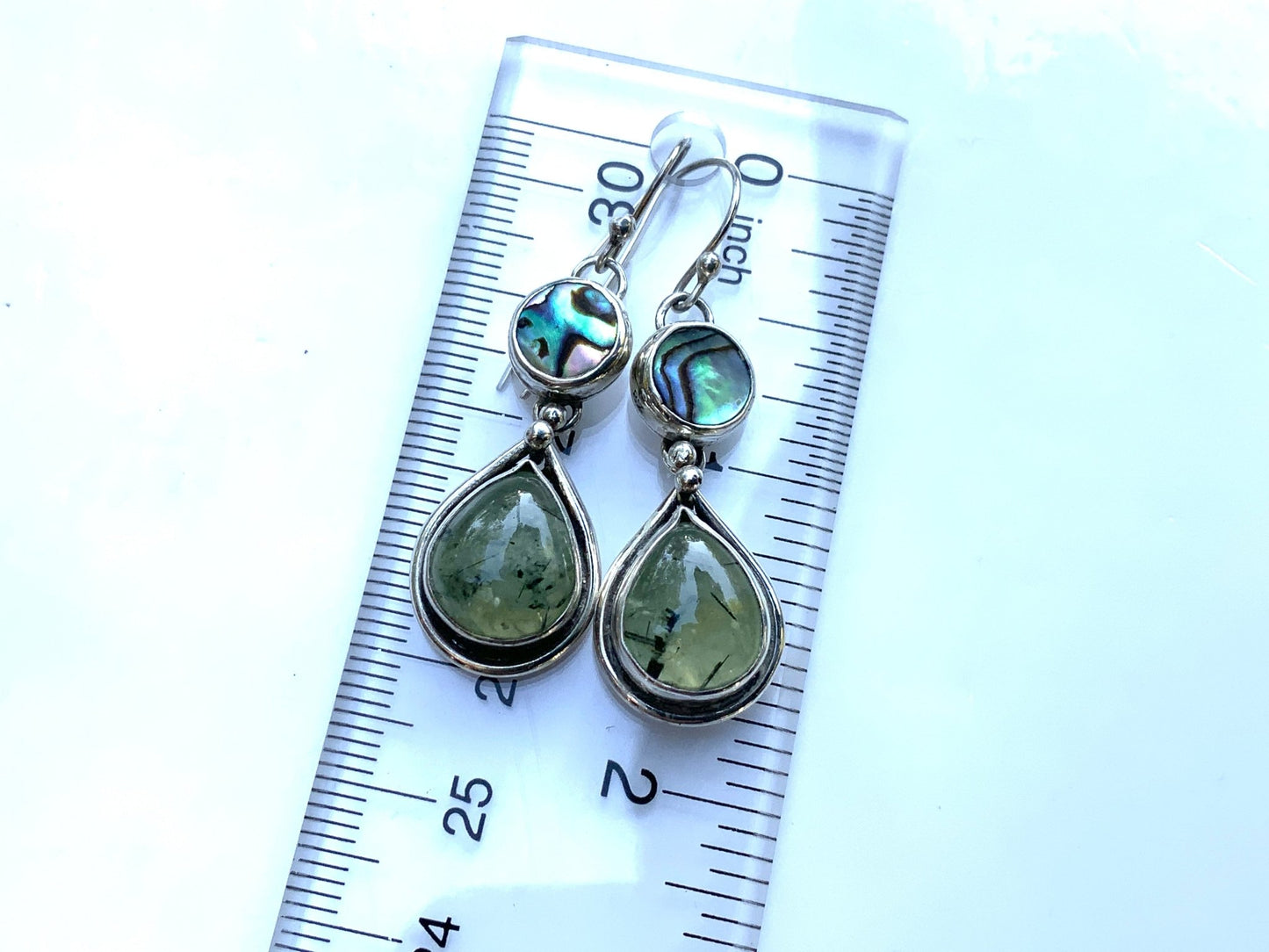 Teardrop Prehnite and Abalone Earrings - Evitts Creek Arts