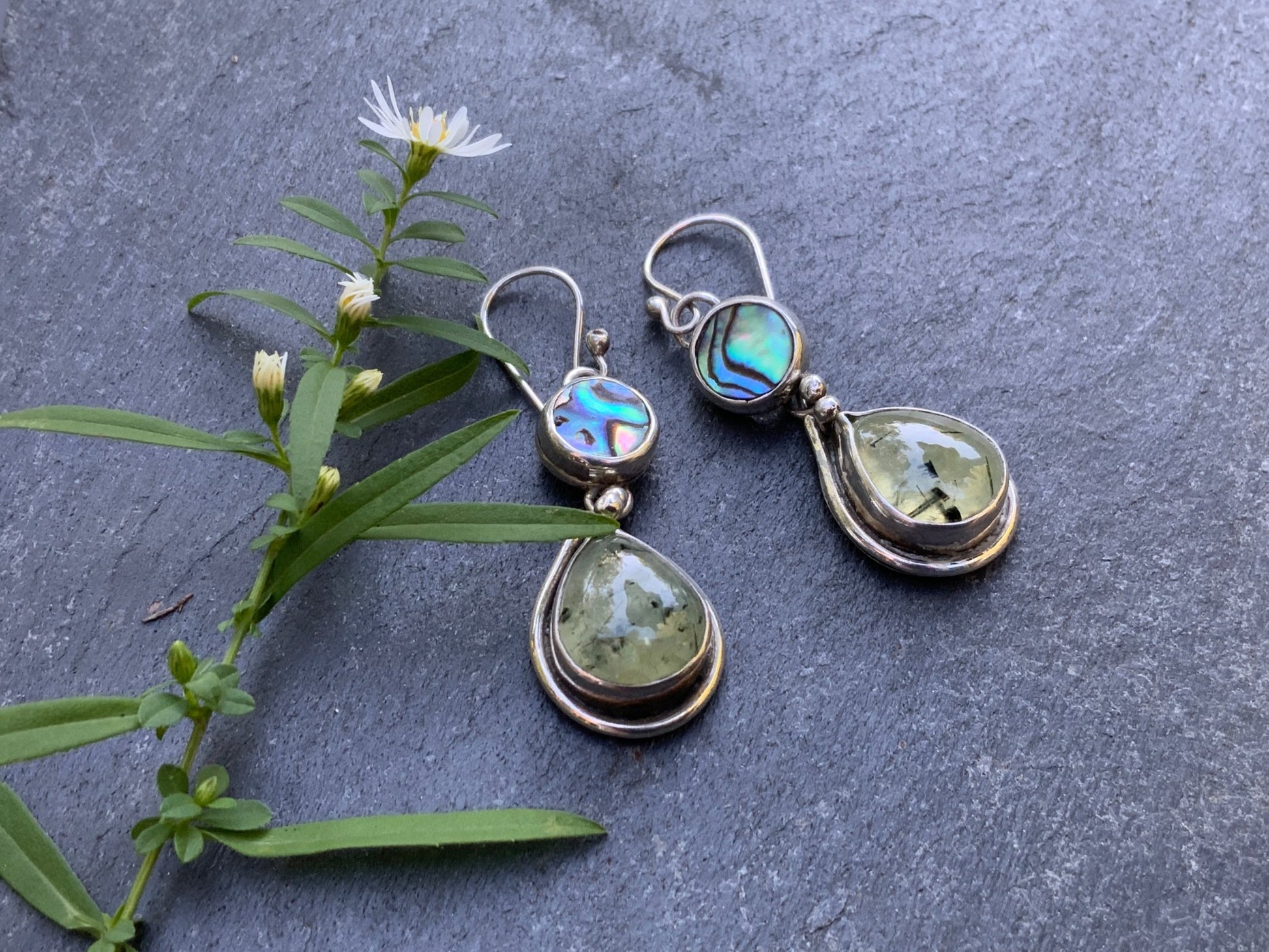 Teardrop Prehnite and Abalone Earrings - Evitts Creek Arts