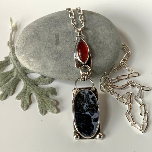 Winter Sunset Palm Root Agate and Carnelian Pendant and Chain - Evitts Creek Arts