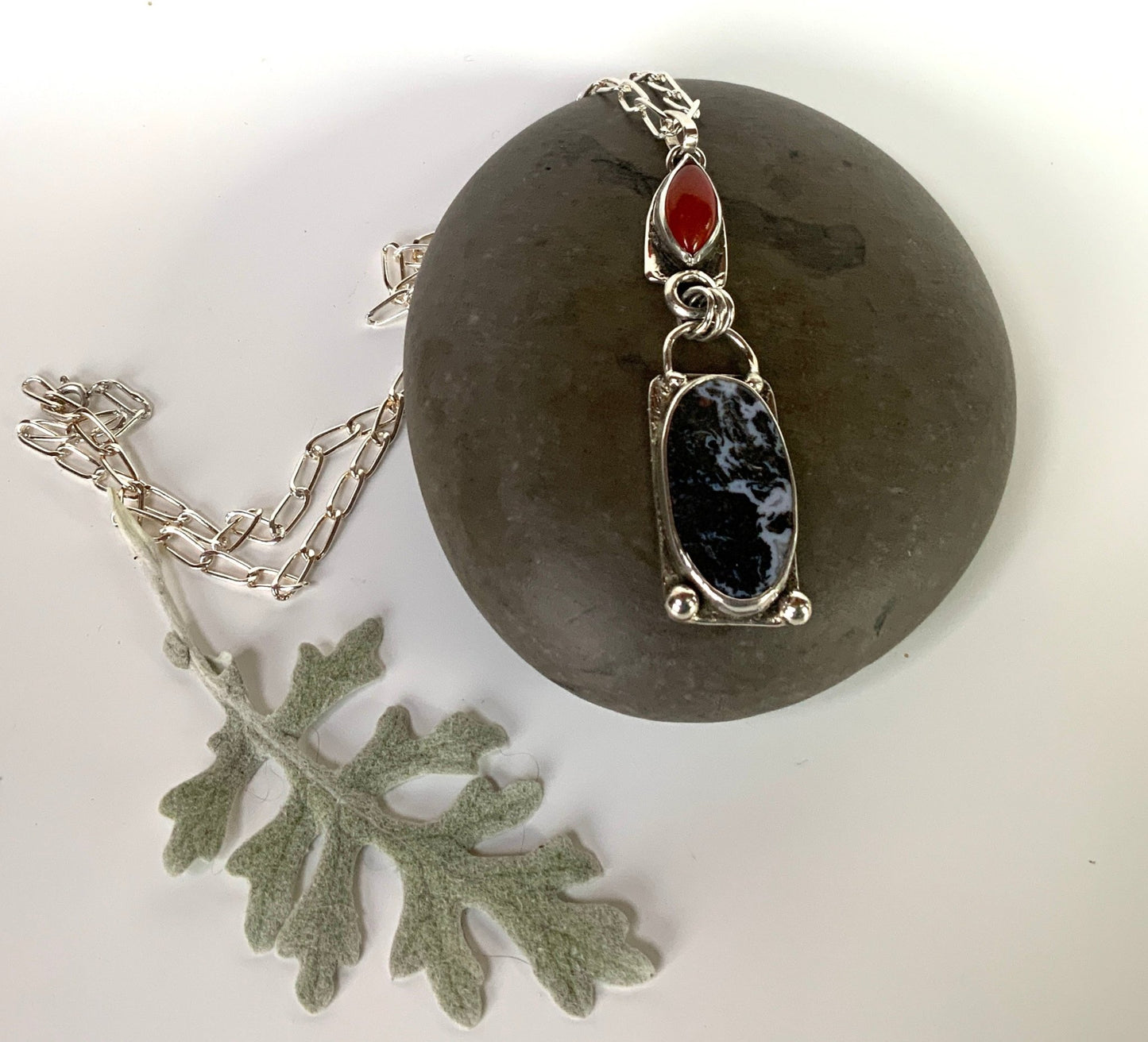 Winter Sunset Palm Root Agate and Carnelian Pendant and Chain - Evitts Creek Arts